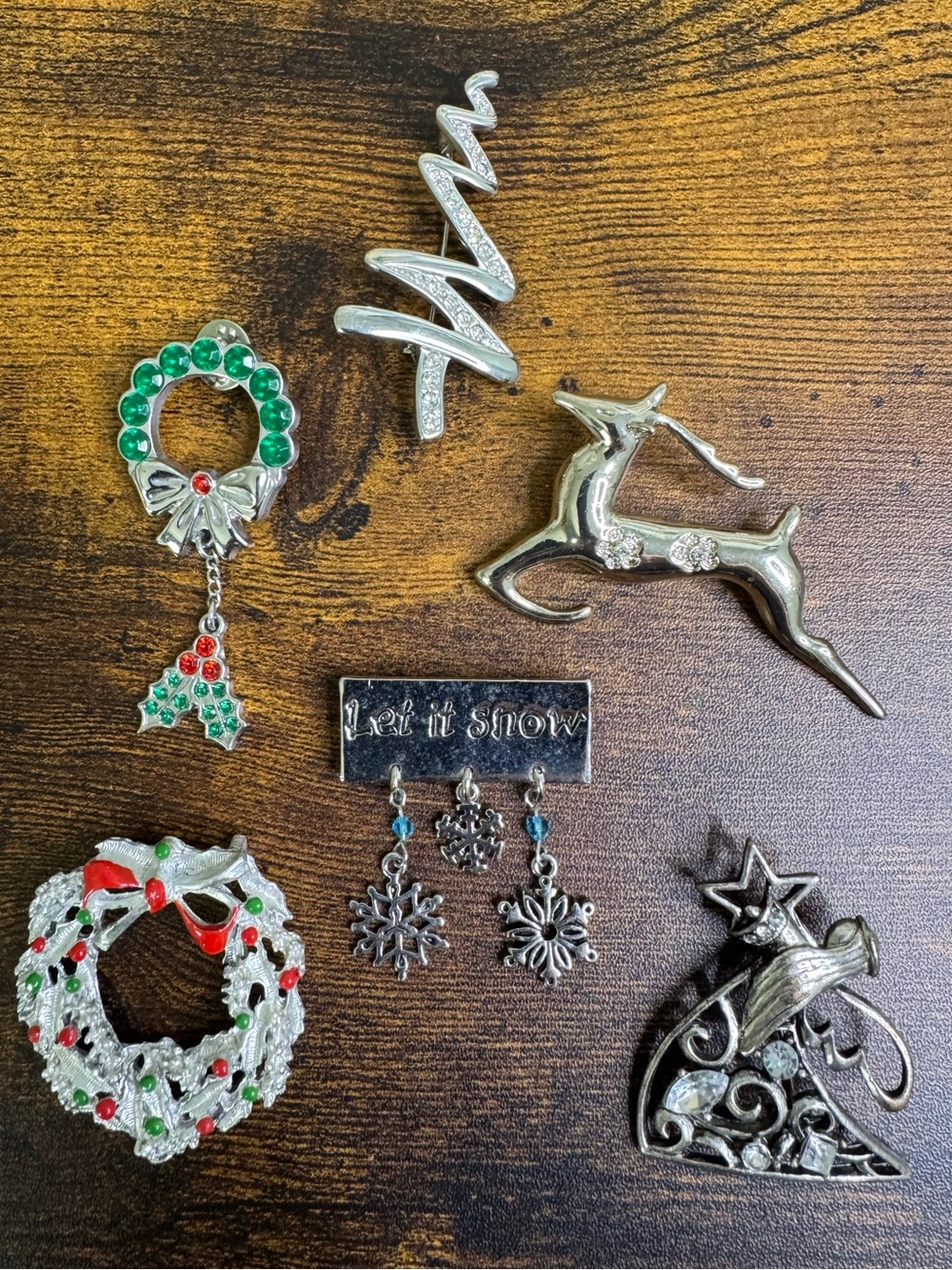 Vintage Silver-Tone Holiday Christmas Brooch Bundle with Green and Red Accents